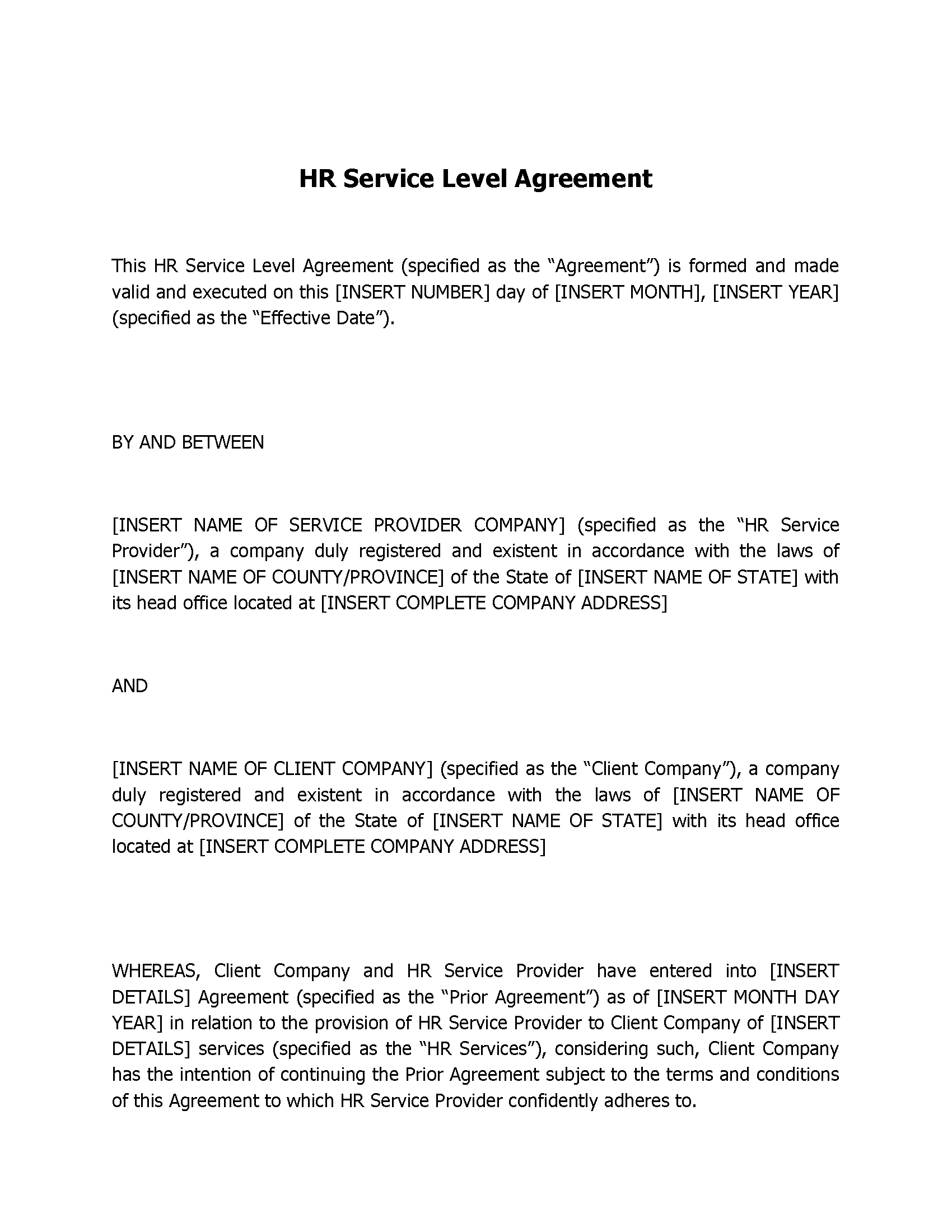 Hr Service Level Agreement